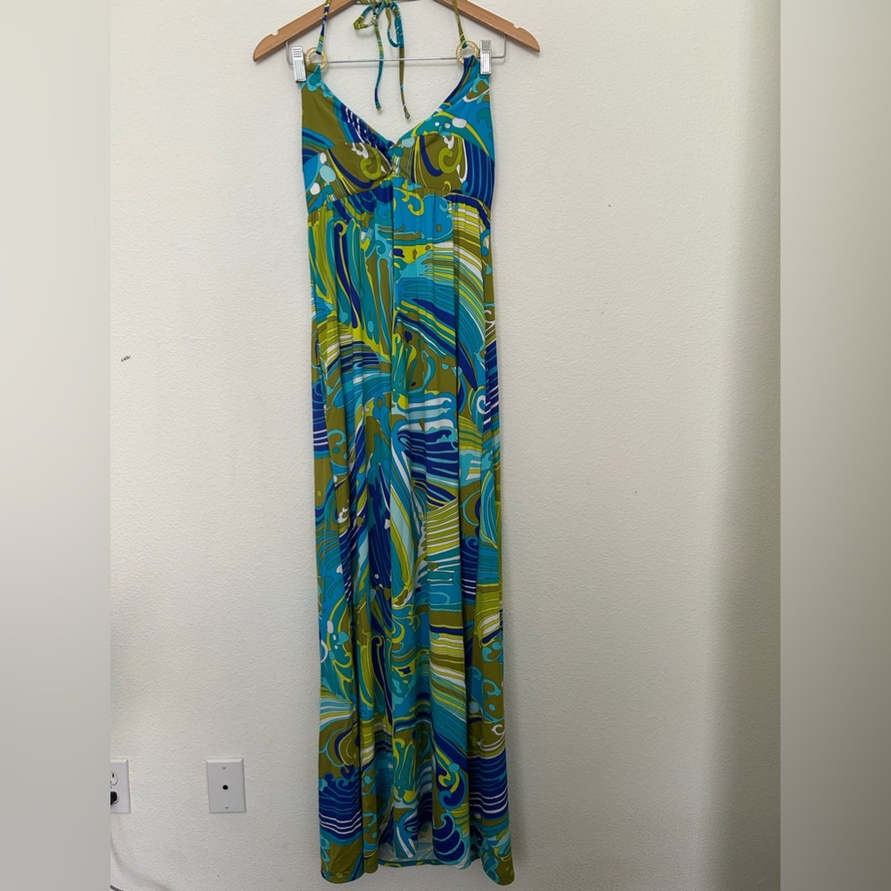 Trina Turk Turquoise & Yellow Swirl Halter Maxi Dress